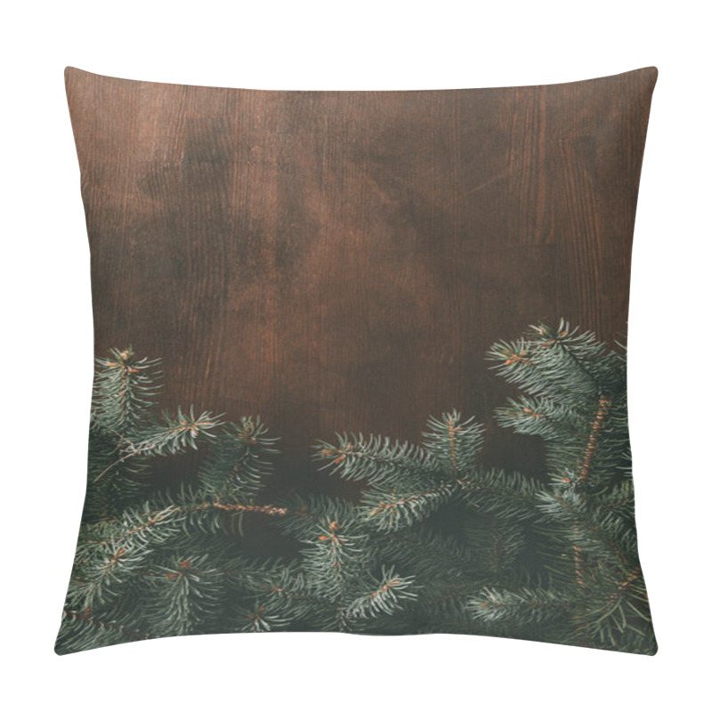 Personality  Green Fir Branches On Brown Wooden Background Pillow Covers