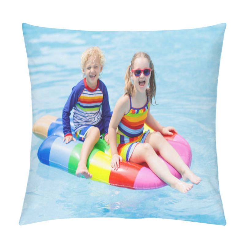 Personality  Boy And Girl On Inflatable Ice Cream Float In Outdoor Swimming Pool Of Tropical Resort. Summer Vacation With Kids. Swim Aids And Wear For Children. Water Toys. Little Child Floating On Colorful Raft. Pillow Covers