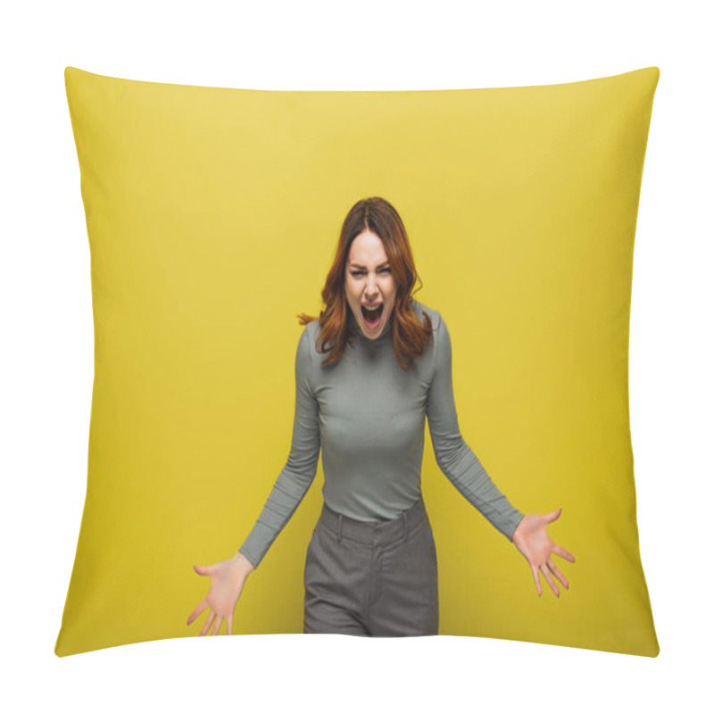 Personality  Angry Woman With Wavy Hair Screaming Isolated On Yellow  Pillow Covers