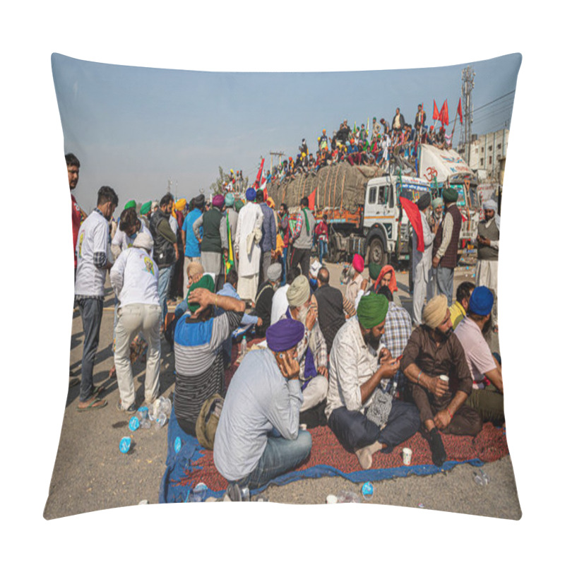 Personality  A Group Of Farmers Protesting Against New Farm Law Passed By Indian Government At Delhi Haryana Border. Pillow Covers