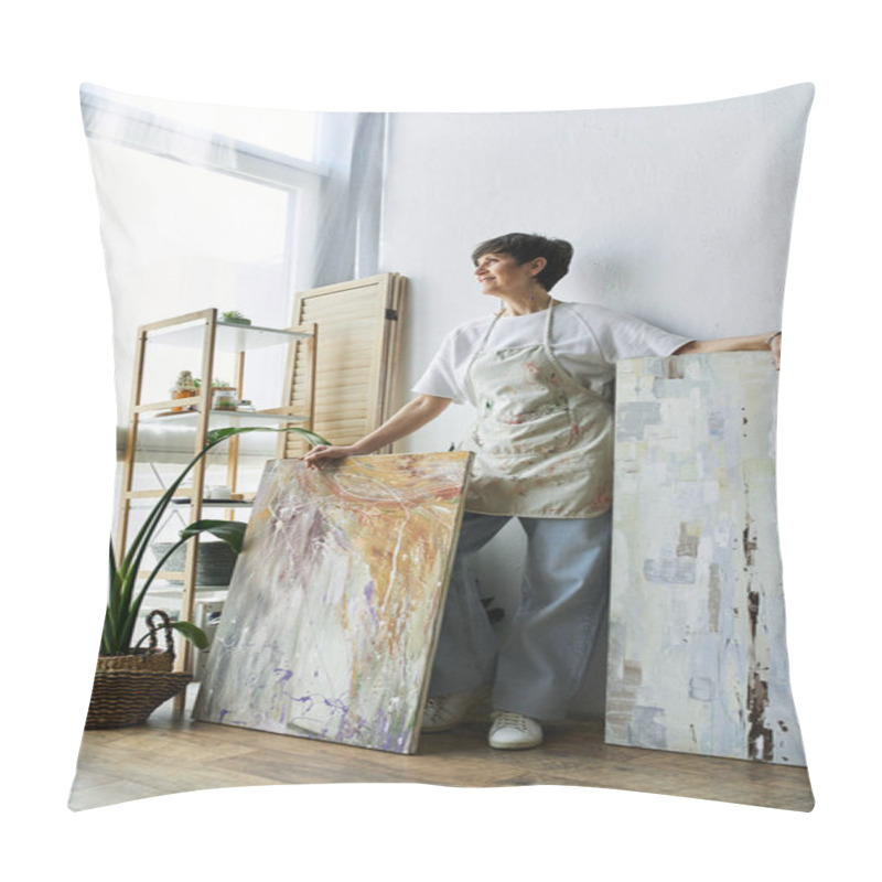 Personality  A Mature Woman Joyfully Explores Her Passion For Painting In A Bright Studio. Pillow Covers