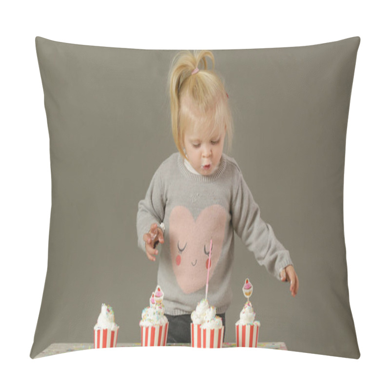 Personality  Studio Shot Of A Toddler Girl Blowing A Birthday Candle From A Cupcake Pillow Covers