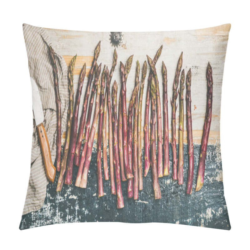 Personality  Seasonal Harvest Produce . Raw Uncooked Purple Asparagus In Row Over Rustic Wooden Background Pillow Covers