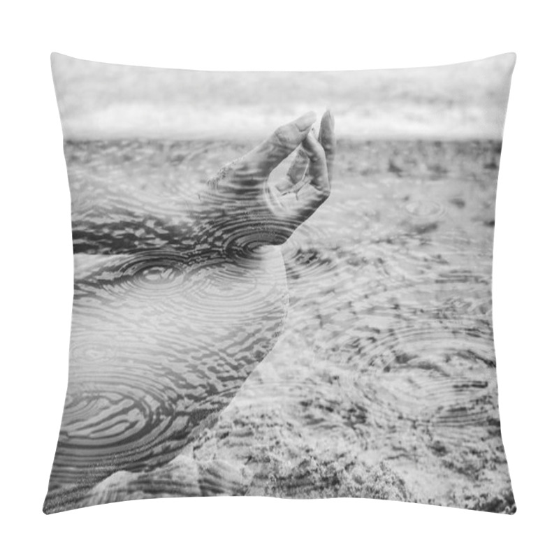 Personality  Double Exposure Of Woman Detail Portrait Meditating And Rain Circles, Monochrome Pillow Covers