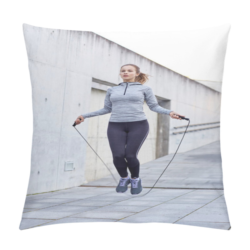 Personality  Woman Exercising With Jump-rope Outdoors Pillow Covers