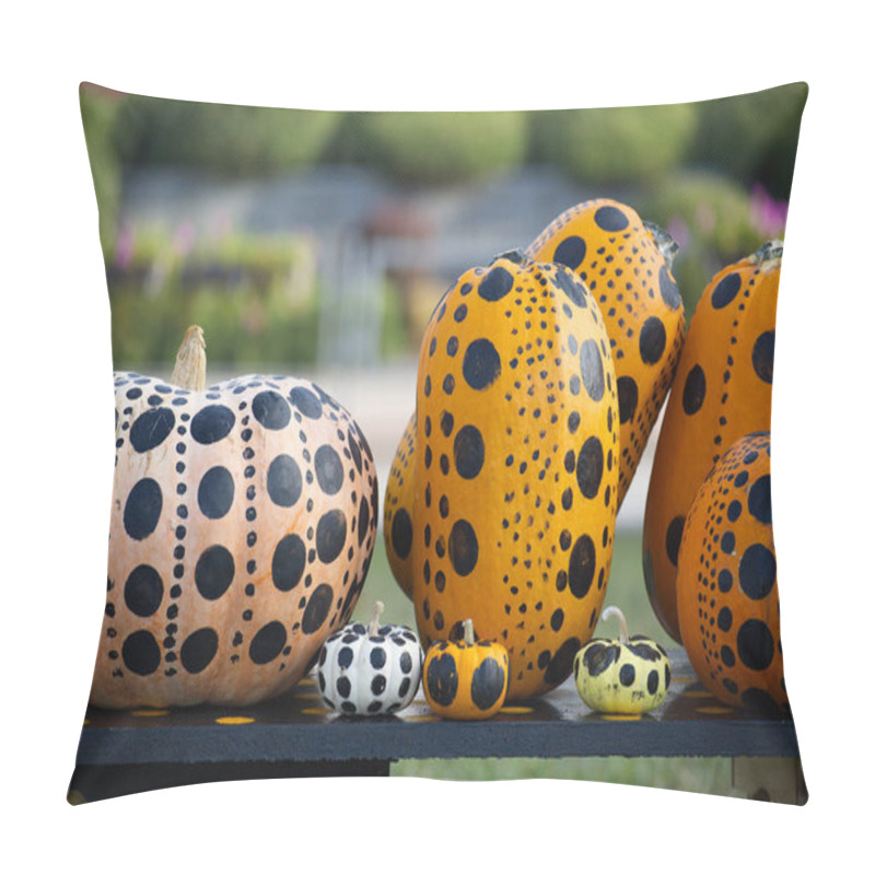 Personality  A Collection Of Vibrant Pumpkins Creatively Painted With Polka Dots Displayed Outdoors. Perfect For Fall Decorations, Art Projects, Or Halloween Festivities Pillow Covers