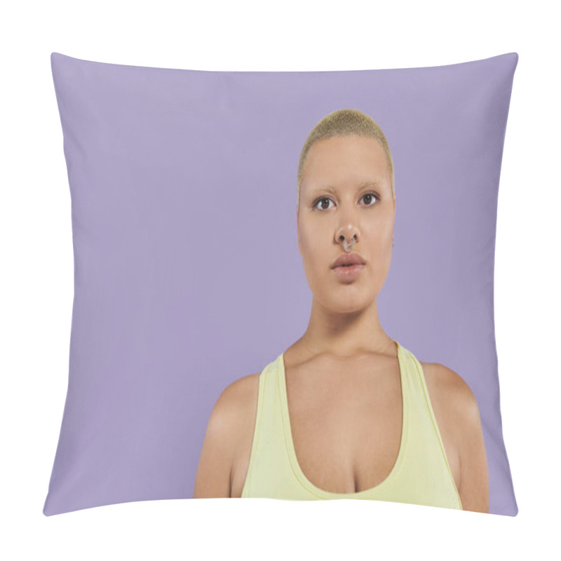 Personality  A Confident Young Woman With A Shaved Head Wears Bright Clothing, Standing Against A Purple Wall. Pillow Covers