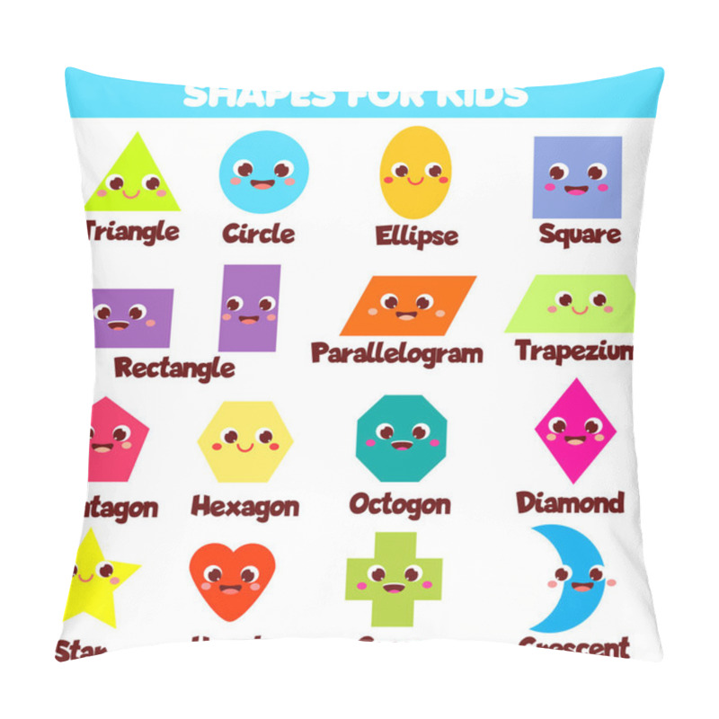 Personality  Shapes For Kids. Collection Of Cartoon Geometric Shapes And Forms For Children And Toddlers. Educational Infographics. Triangle, Circle, Square And Other Basic Funny Characters Pillow Covers