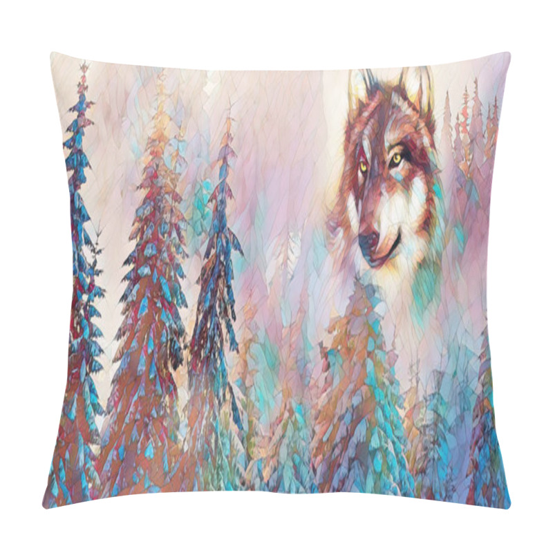 Personality  Mountain Snowy Landscape With Wolf, Graphic Effect. Pillow Covers