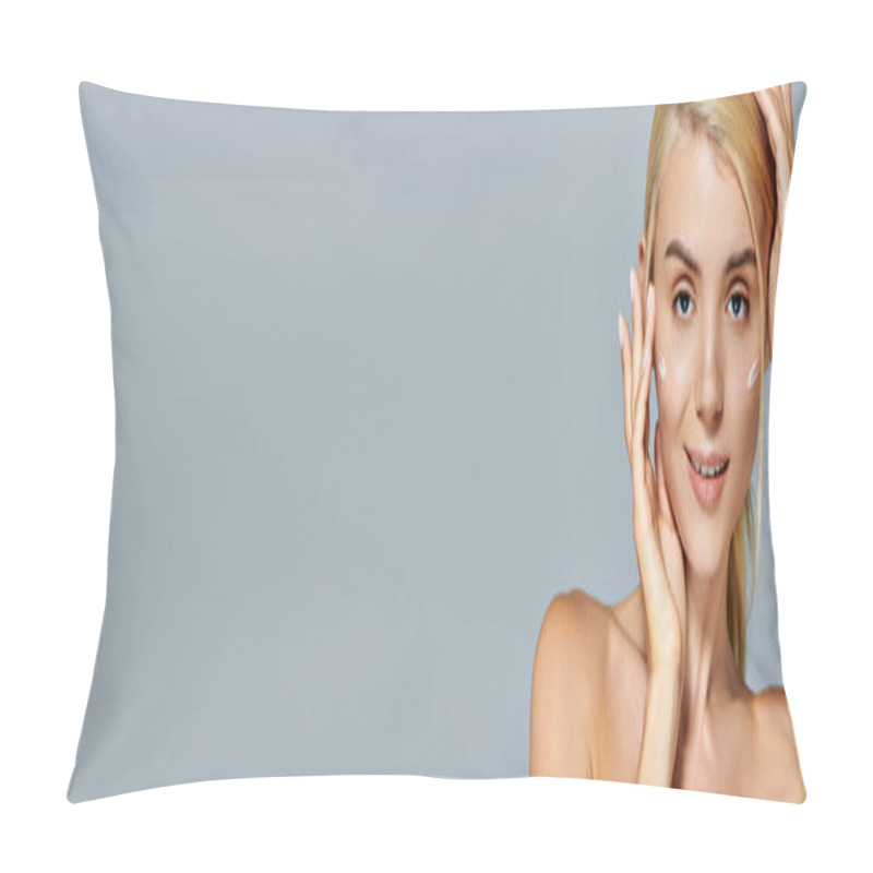 Personality  Banner Pretty Blonde Girl With Her Hands Around Head And Cream On Cheeks Against Grey Background Pillow Covers