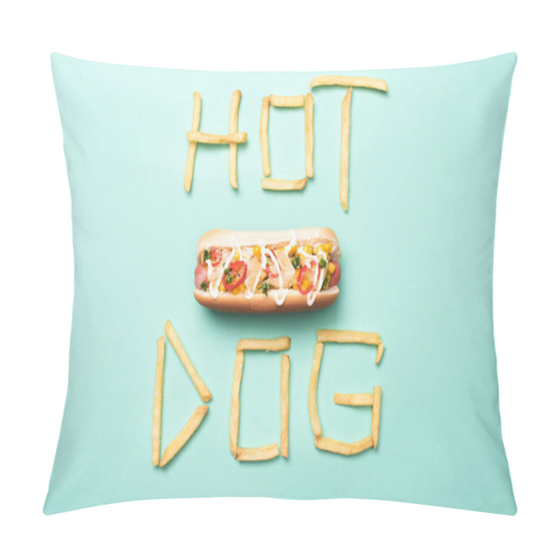 Personality  Top View Of American Hot Dog On Blue With Word Hot Dog Made From French Fries Pillow Covers