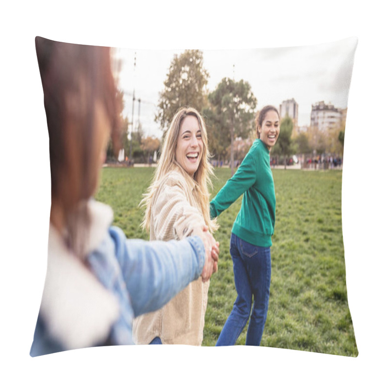 Personality  Three Young Multiracial Female Friends Having Fun Running Holding Hands Together Outdoor. Female Friendship Lifestyle Pillow Covers