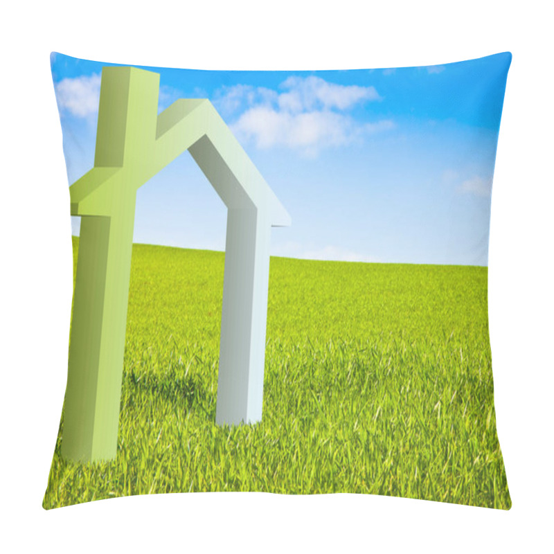 Personality  Land Plot Management - Real Estate Concept With A Vacant Land On A Green Field Available For Building Construction With A Green Home Icon Pillow Covers