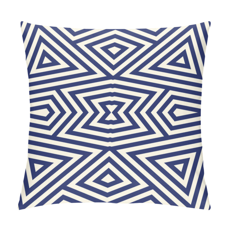 Personality  Seamless Pattern With Symmetric Geometric Ornament. Striped Navy Blue Abstract Background. Repeated Triangles Wallpaper. Pillow Covers