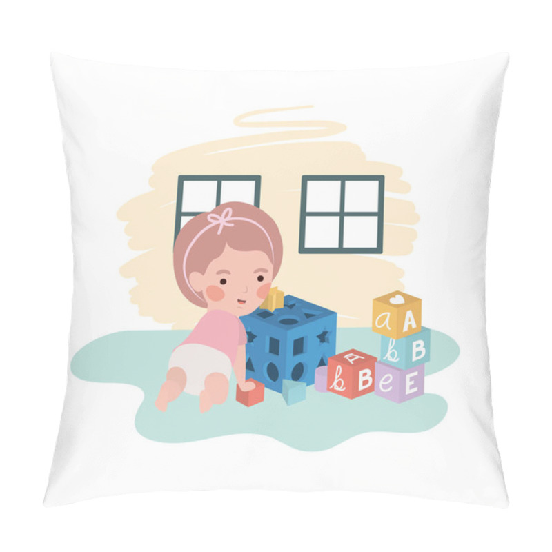 Personality  Cute Little Girl Baby With Blocks Toy Character Pillow Covers