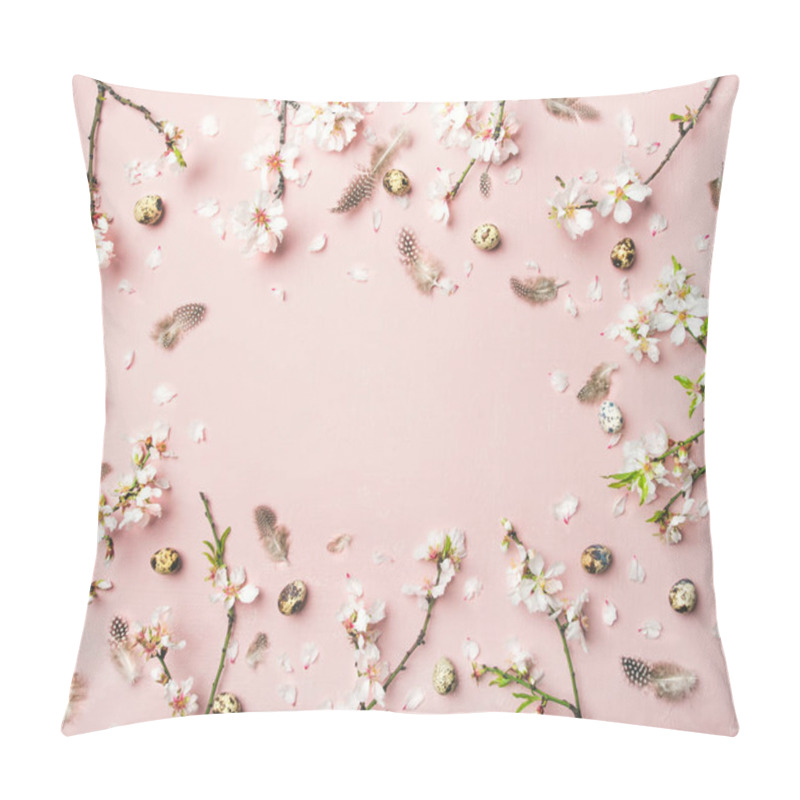 Personality  Easter Holiday Background. Tender Spring Almond Blossom Flowers On Branches, Feathers, Quail Eggs Over Light Pink Background Pillow Covers