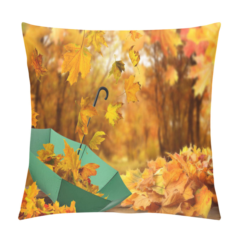 Personality  Autumn Atmosphere. Golden Leaves Flying Out Of Green Umbrella In Beautiful Park Pillow Covers