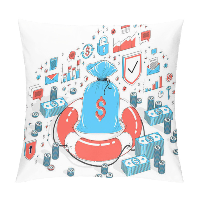 Personality  Financial Aid Concept, Life Buoy Lifebelt With Big Cash Money Bag Isolated On White Background. Isometric 3d Vector Finance Illustration With Icons, Stats Charts And Design Elements. Pillow Covers