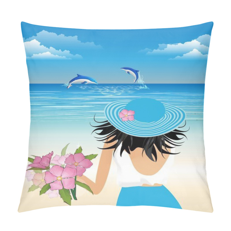 Personality   Romantic Composition Showing A Woman In A Blue Hat Watching Dolphins Pillow Covers