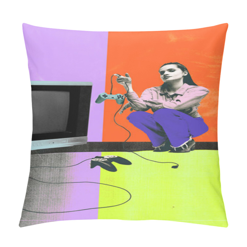 Personality  Young Woman Holding Classic Game Controller, Sitting Beside Old-school Television. Contemporary Art Collage. Concept Of 90s Aesthetic, Nostalgia, Technology. Retro-themed Poster, Ad Pillow Covers