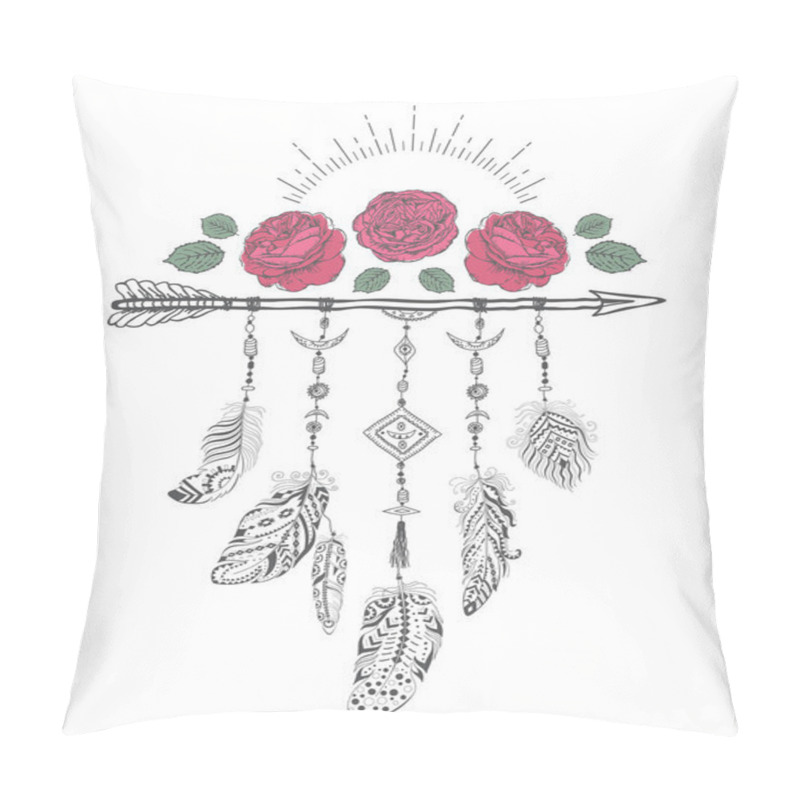 Personality  Hand Drawn Boho Style Design With Rose Flower, Arrow And Feathers. Pillow Covers