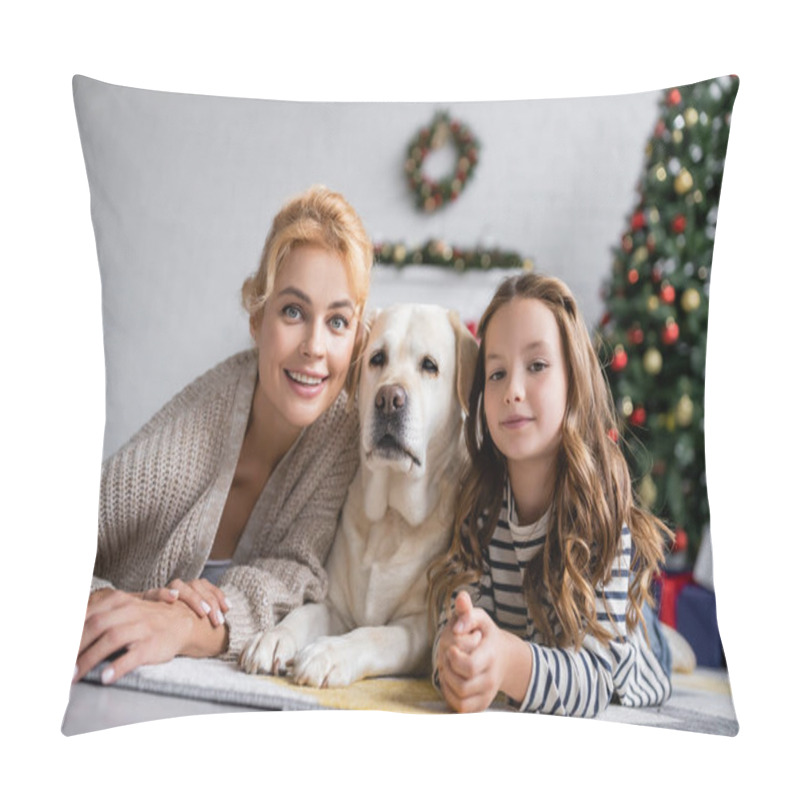 Personality  Positive Mother And Child Looking At Camera Near Labrador At Home  Pillow Covers