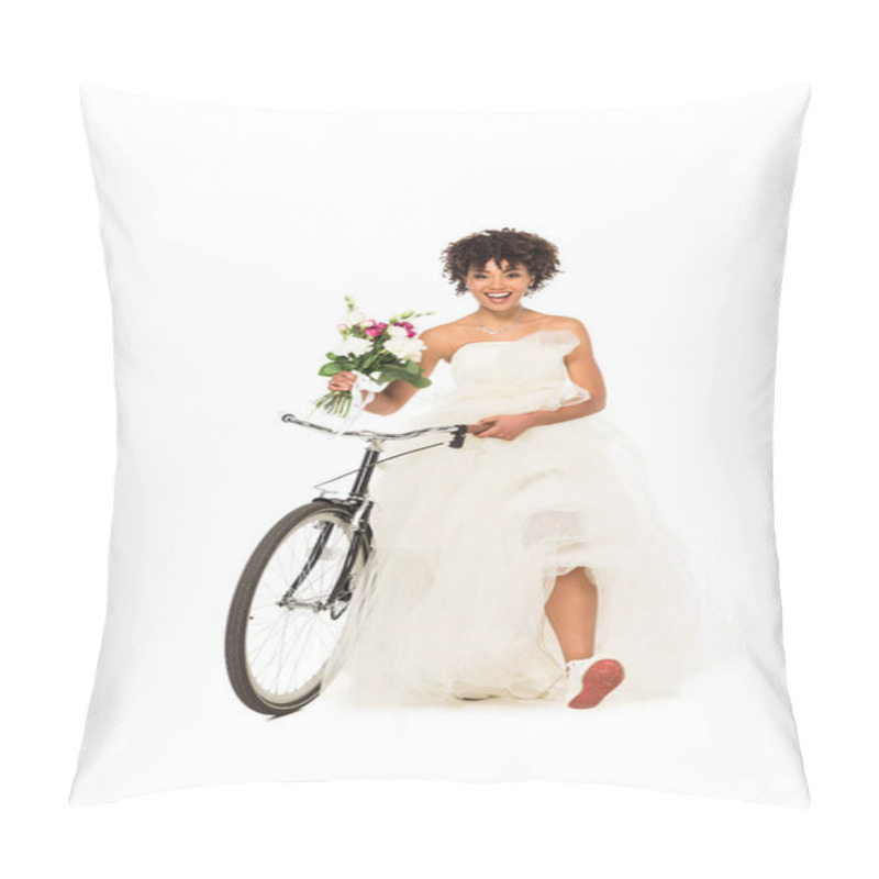 Personality  Cheerful African American Bride Standing With Bicycle And Holding Flowers Isolated On White  Pillow Covers