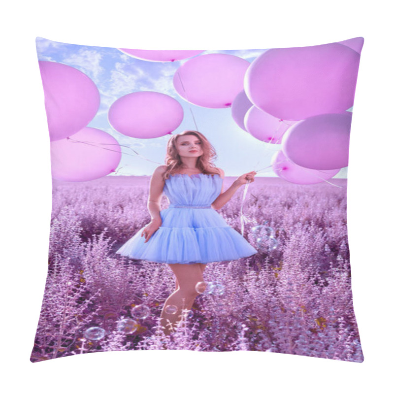 Personality  Beautiful Woman With Pink Balloons In Lavender Field Pillow Covers