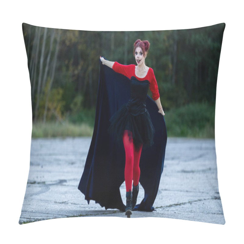 Personality  A Cheerful, Beautiful Young Woman In Motion, Wearing Red And Black Clothes With A Blue Cape: A Play Of Colors And Halloween Fun Pillow Covers