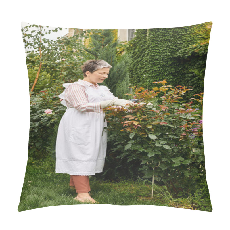 Personality  Mature Cheerful Beautiful Woman With Short Hair Using Gardening Tools To Take Care Of Lively Rosehip Pillow Covers