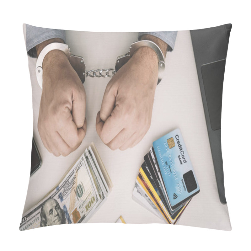 Personality  Hands Of A Fraudster With Handcuffs On A Background Of Us Dollars And Credit Cards. Fraud, Cyber Crime Concept. Credit Card Fraud. Arrest Of An Entrepreneur In The Workplace. Pillow Covers