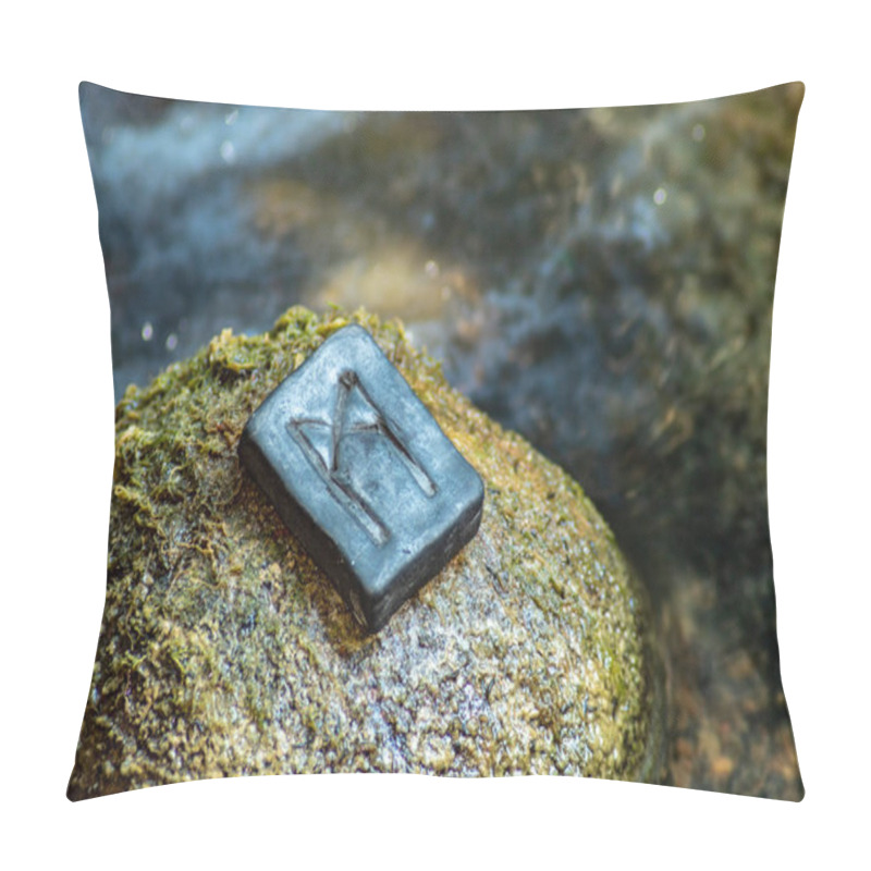 Personality  Norse Rune Mannaz On The Stone And The Evening River Background. Humanity, The Development Of The Best Human Qualities. Self-realization. Work With Human Resources. Pillow Covers