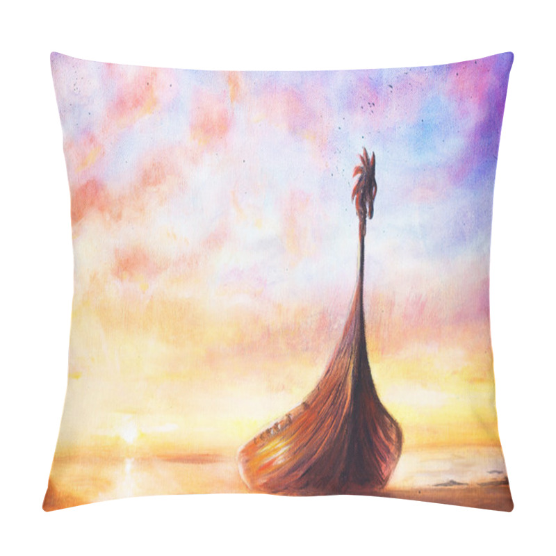 Personality  Viking Boat On The Beach, Painting On Canvas, Boat With Wood Dragon. Pillow Covers