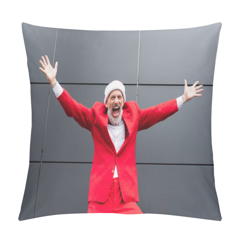 Personality  Excited Mature Man In Santa Hat Standing With Outstretched Hands Near Grey Wall  Pillow Covers