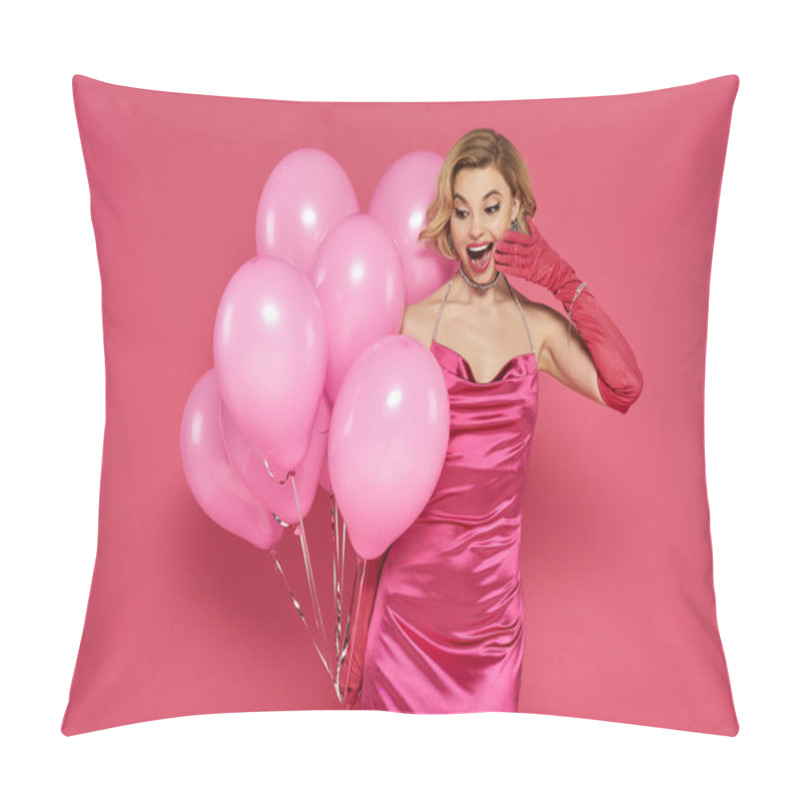 Personality  A Woman In A Pink Satin Dress Holds A Bunch Of Balloons Against A Pink Background. Pillow Covers