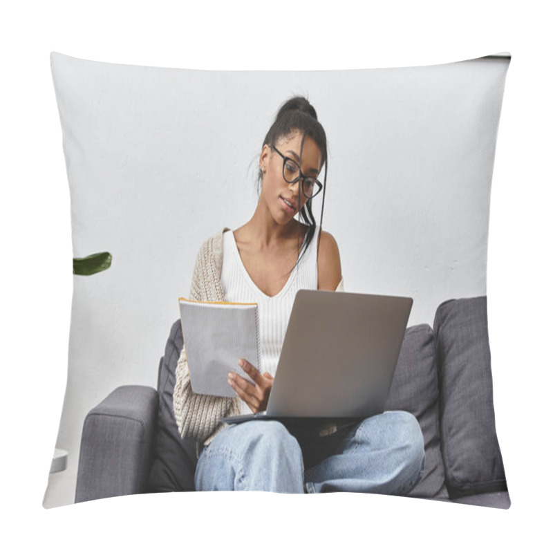 Personality  A Young Woman Focused On Her Remote Studies, Sitting Comfortably On A Couch With A Laptop. Pillow Covers