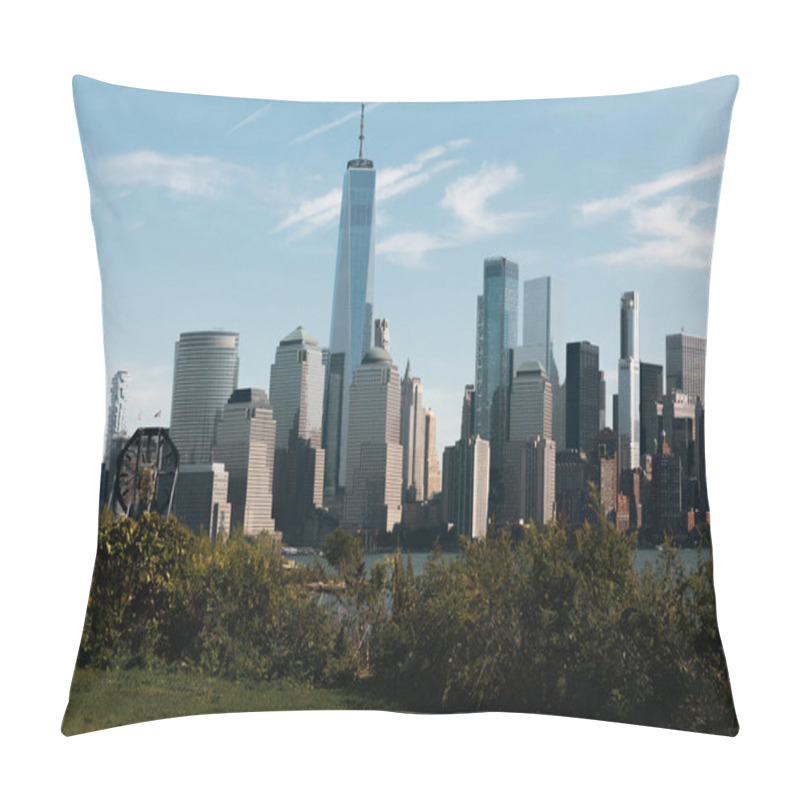 Personality  Financial Center Of Manhattan With One World Trade Center Near Hudson River And Park In New York City Pillow Covers