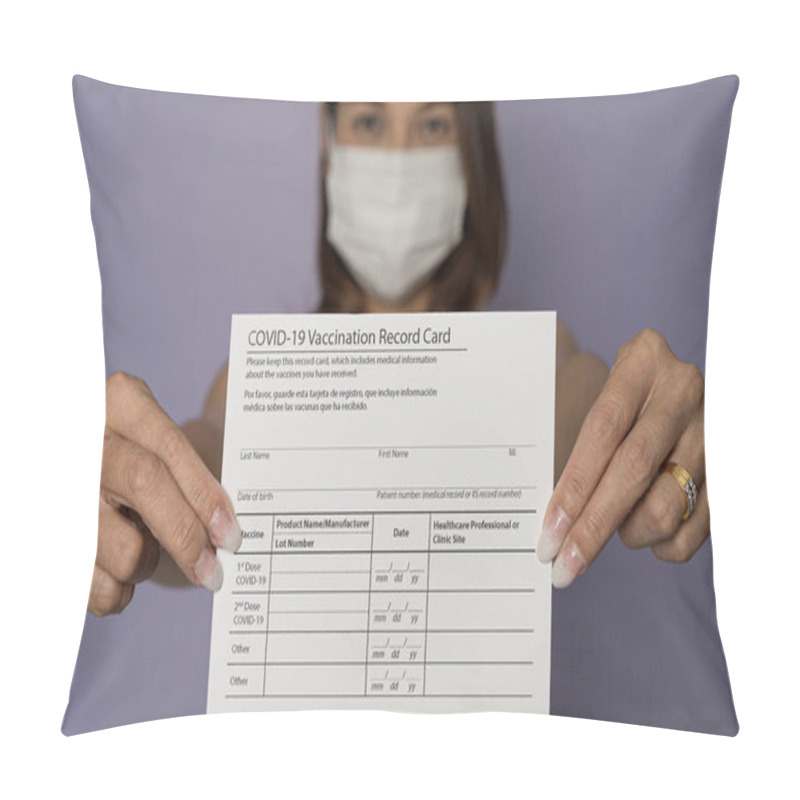 Personality  Selective Focus On Paper, Vaccinated Woman Wearing Medical Mask Holding Showing Covid-19 Coronavirus Vaccination Record Card To Camera. The Concept For Life After A Virus Outbreak. Pillow Covers