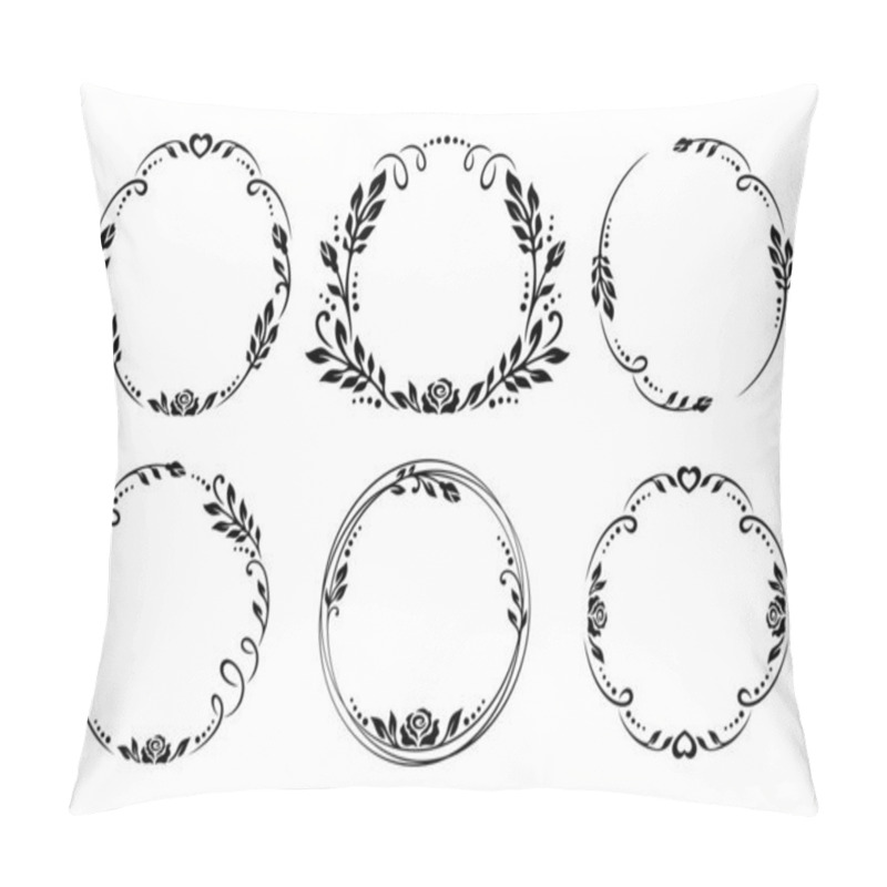 Personality  Set Of Black Round Frames With A Floral Pattern Of Leaves, Curls, Hearts And Flowers (rose Buds). Template For A Card, Congratulations Or Wedding Invitation. Copy Space. Vector Illustration. Pillow Covers