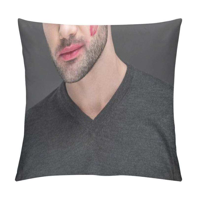 Personality  Cropped View Of Man With Kiss Print On Cheek, Isolated On Grey Pillow Covers