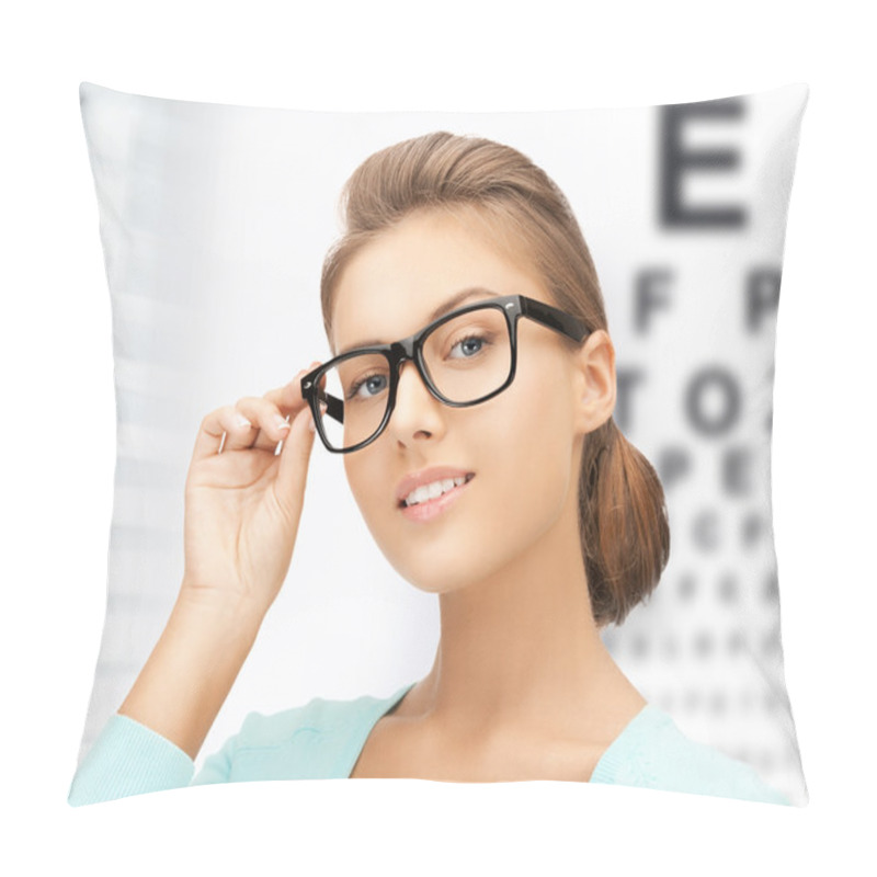 Personality  Woman In Eyeglasses With Eye Chart Pillow Covers