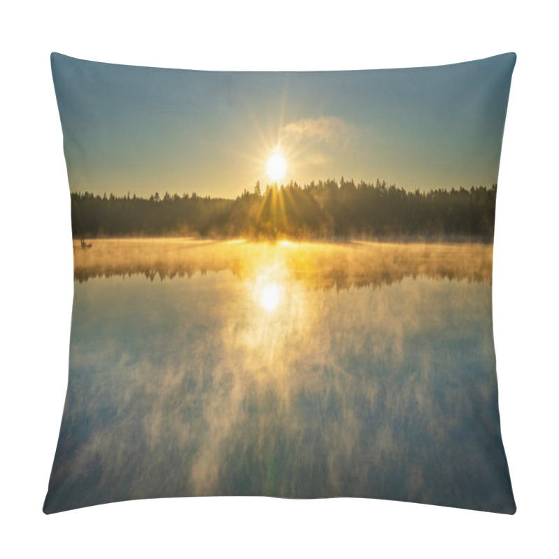 Personality  Cold Summer Morning In The Forest With Lake, Forest Reflection And Mist On The Water Surface During Colourful Sunrise. Pillow Covers