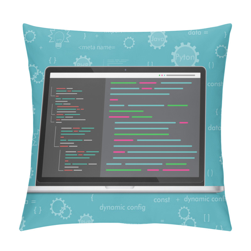 Personality  Vector Laptop Coding Concept. Web Developer, Design, Programming. Laptop Screen Code. Pillow Covers