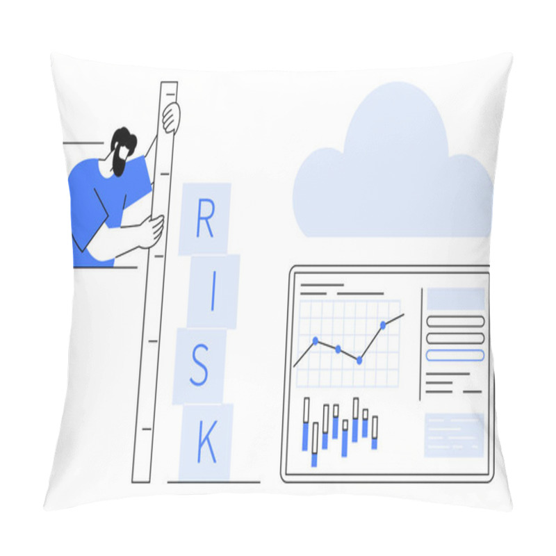 Personality  Businessperson Measuring Stacked Blocks Spelling RISK With A Ruler, Accompanied By Data Analysis On A Screen, And A Cloud Symbol. Ideal For Business Strategy, Risk Management, Financial Analysis Pillow Covers