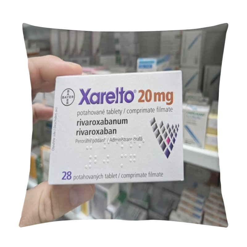 Personality  Prague, Czech Republic-August 15 2024: XARELTO Box Of Tablets With RIVAROXABAN Active Substance, Used For The Prevention And Treatment Of Blood Clots And Stroke. Pillow Covers