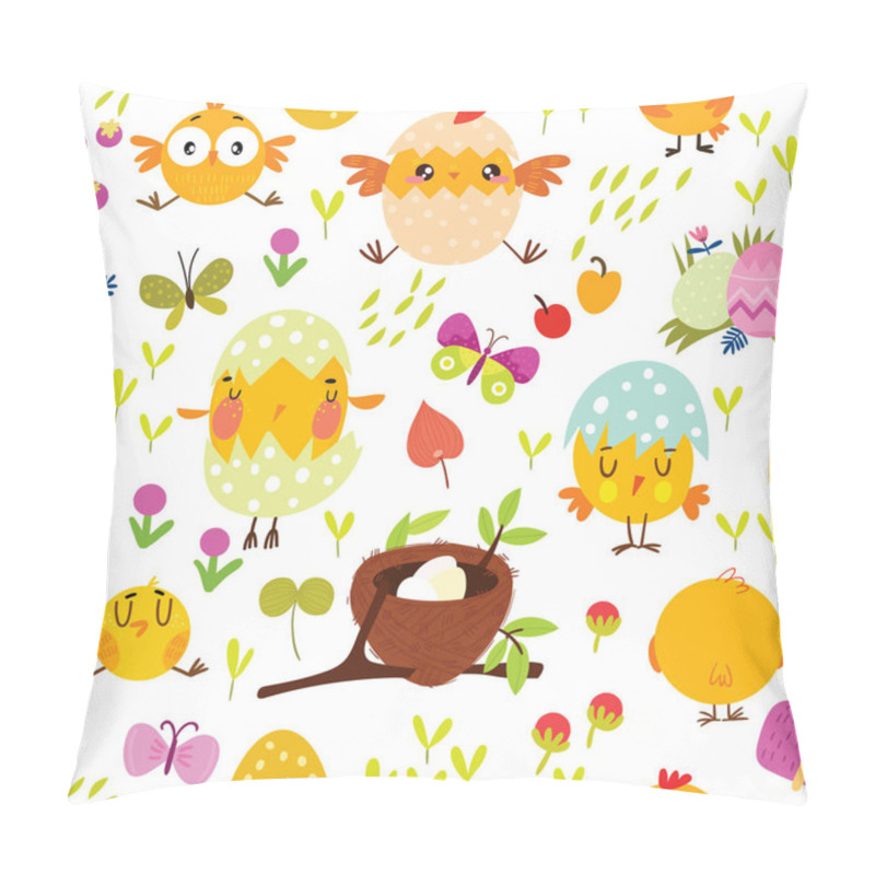 Personality  Seamless Spring Pattern With Cute Chickens And Spring Elements. Hand Drawn Texture Can Be Used For Easter, Wallpapers, Pattern Fills, Surface Textures. Pillow Covers