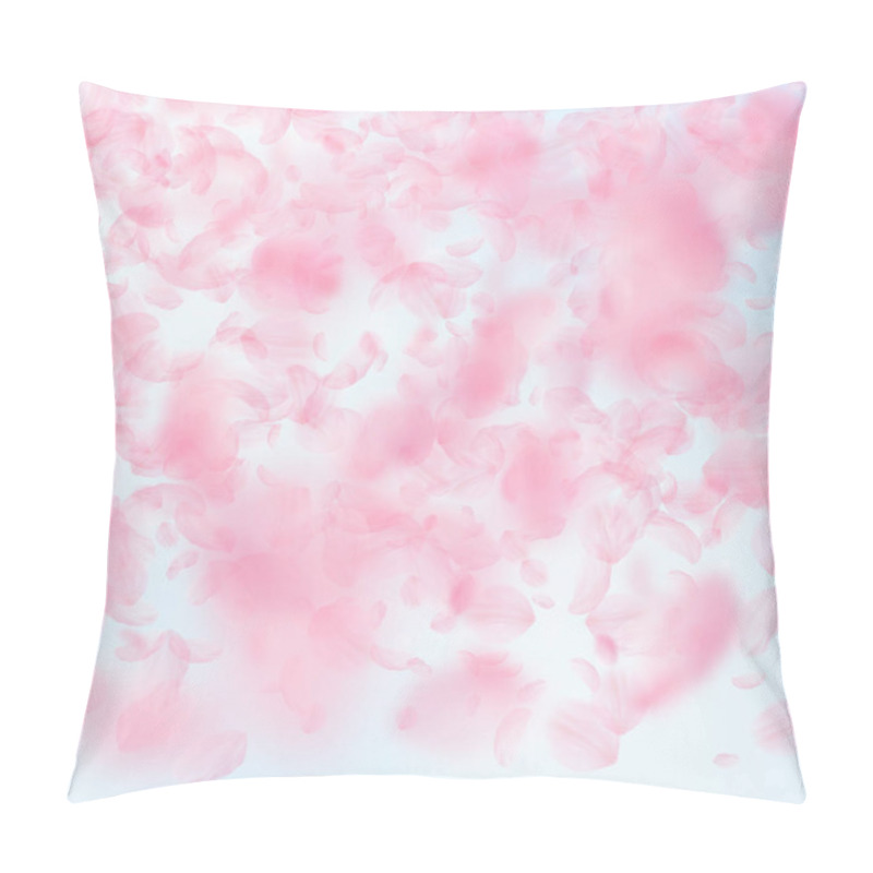 Personality  Sakura Petals Falling Down. Romantic Pink Flowers Gradient. Flying Petals On Blue Sky Square Backgro Pillow Covers