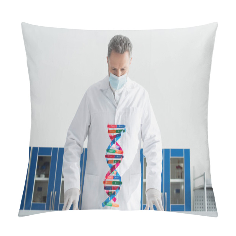 Personality  Grey-haired Geneticist In White Coat Looking At Dna Model In Bio Laboratory Pillow Covers