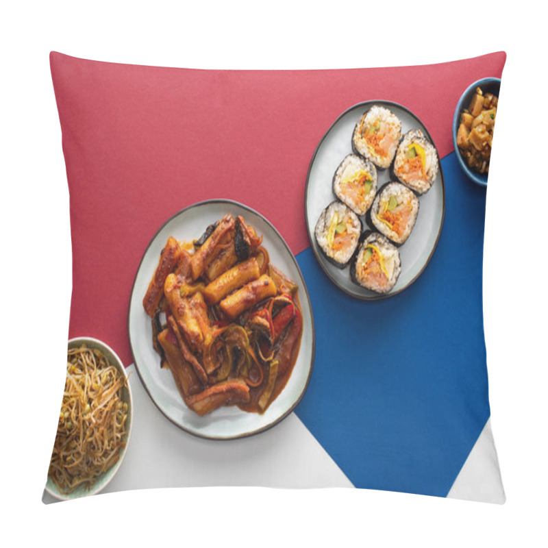 Personality  Top View Of Fresh Tteokbokki  And Gimbap Near Korean Side Dishes On White, Blue And Crimson  Pillow Covers