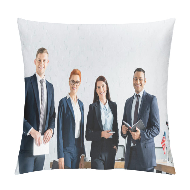 Personality  Smiling Multicultural Politicians Looking At Camera While Holding Different Stuff In Boardroom Pillow Covers